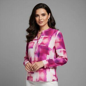 A.N.A | Pink Sheer Long Sleeve Geometric Pattern Blouse Sz S